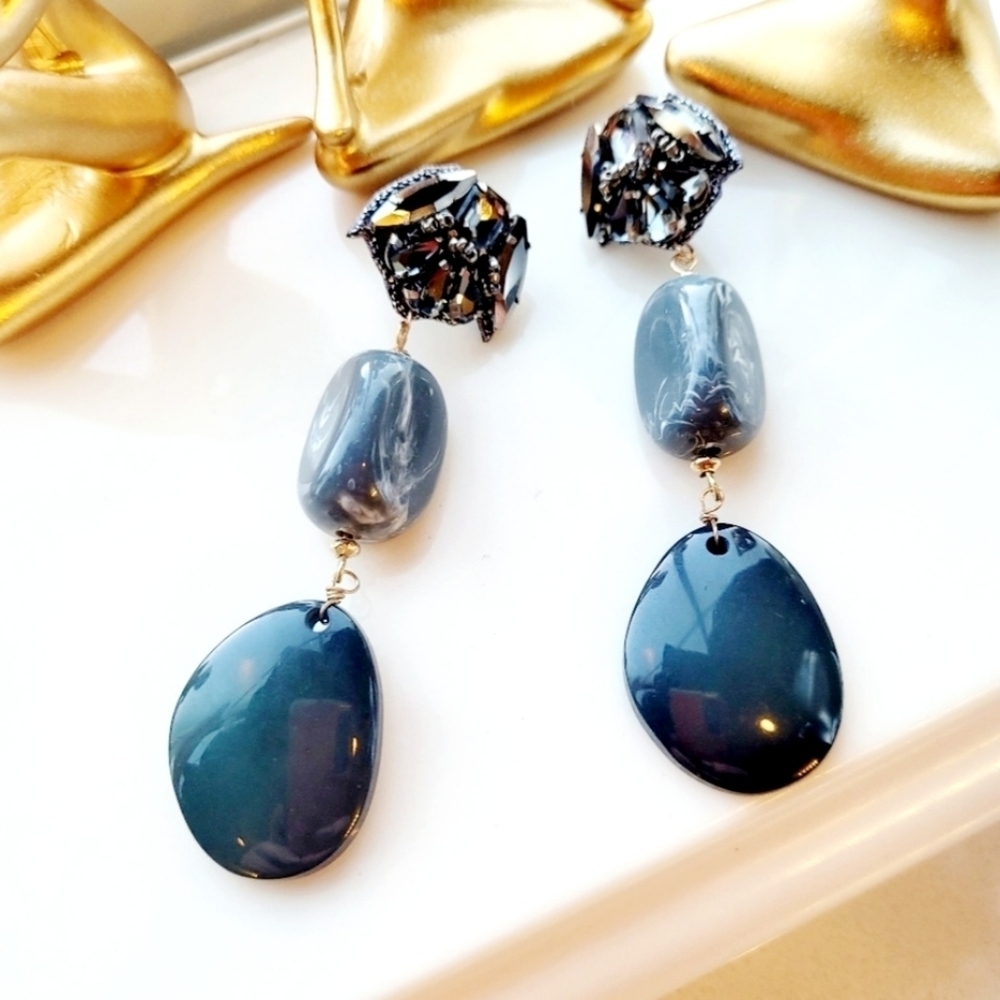 NWT CHUNKY MARCASITE MARBLED ACRYLIC BEADED RETRO DROP EARRINGS